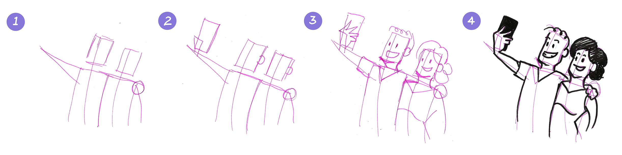 How to draw a couple taking a selfie using the foundation lines technique, from the Draw in 4~! ebook